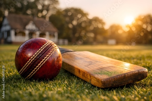 Traditional English Cricket Bat And Red Ball On Village Green