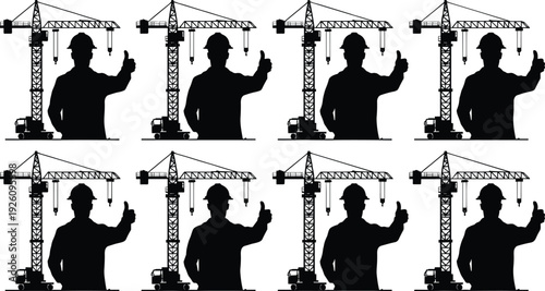 Construction worker showing thumbs up with tower crane silhouette set isolated on white background vector illustration