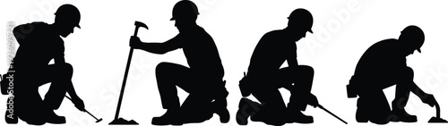 Construction worker silhouette set hammering nails, kneeling builder with tools isolated on white background vector illustration
