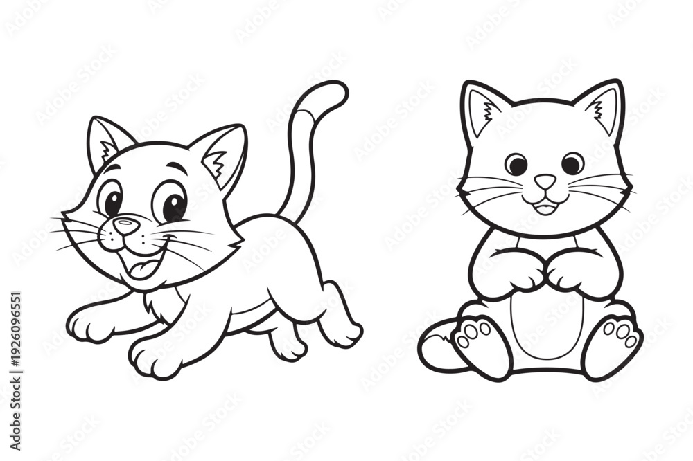Fototapeta premium Funny Cartoon Cat Line Art Coloring Page , Cute cat outline vector illustration