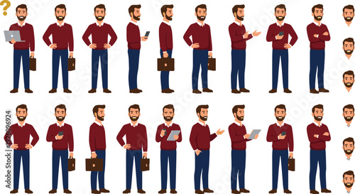 Business man cartoon illustration, professional character expressive poses workplace attire corporate storytelling vector artwork, lifestyle and office theme, isolated background