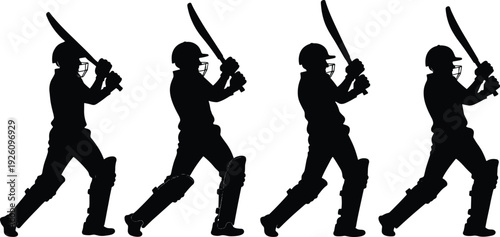 Cricket player silhouette, batting motion sequence, sports illustration, protective gear, cricket bat action, athletic training, game technique, competitive sport artwork