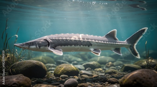 A sturgeon fish swims gracefully underwater over a rocky riverbed with aquatic plants in a clear freshwater environment.