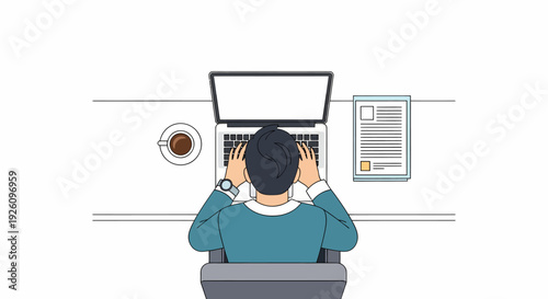 Top-down view of a focused professional working diligently on a laptop at a neat desk, featuring a coffee cup and important documents, symbolizing productivity and efficient remote work setup