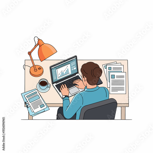 A person working on a laptop at a desk with a coffee cup, documents, and a desk lamp, illustrating remote work or office tasks