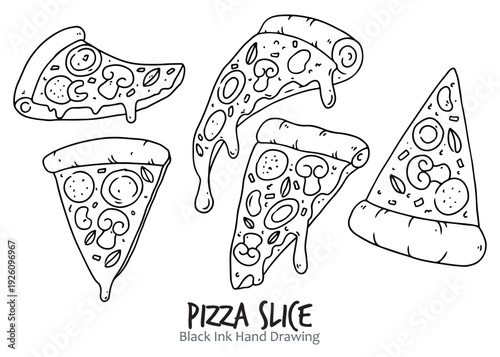 Black ink hand drawing of melted pizza pieces in triangular shapes at different angles and positions with various toppings, looks delicious and tempting.