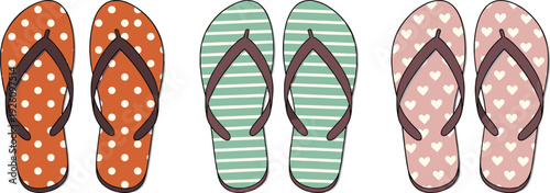 Flip-flop footwear illustration, summer sandals, polka dot design, striped pattern, heart shape decoration, casual shoes, beach fashion, colorful footwear artwork