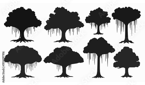 Black Banyan Tree Vector Combo Collection Flat Silhouette Package Isolated on White