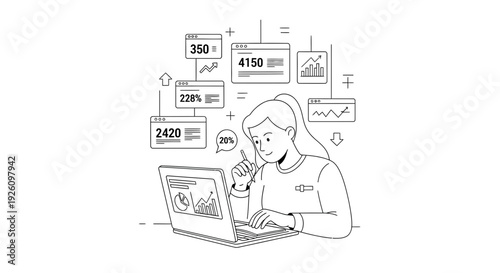 Woman Working on Laptop with Data Visualizations.