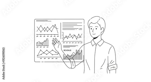 Man presenting data on graphs and charts.