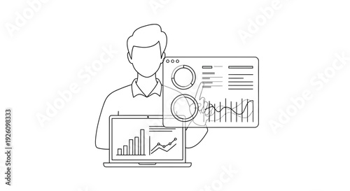 Man Analyzing Data on Laptop and Charts.