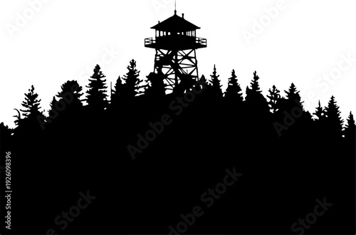 Fire Lookout Tower Silhouette in Forest Scenery Illustration