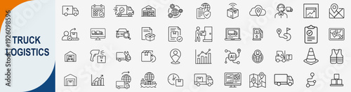 Truck logistics and supply chain management icons set, outline symbols for freight delivery warehouse transportation and global shipping vector illustration