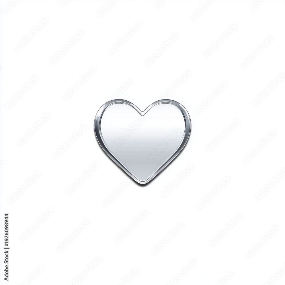 Fototapeta premium Glossy Silver Heart Shape Emblem Against Pure White Background With Subtle Shadow