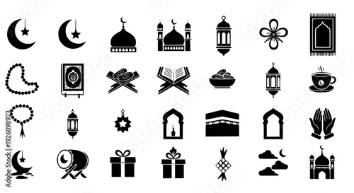 Collection of Islamic symbols and elements for Ramadan and Eid celebrations, including mosque, Quran, prayer mat, and crescent moon