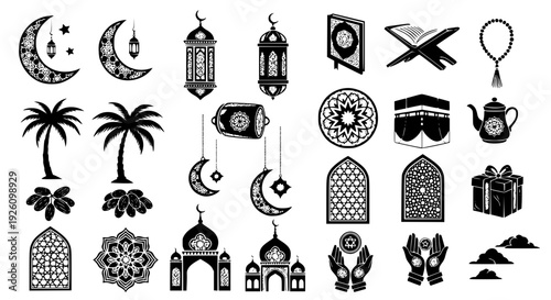 Beautiful array of Islamic cultural symbols, perfect for Ramadan and Eid Mubarak designs, featuring traditional lanterns, sacred texts, crescent moons, and mosque silhouettes