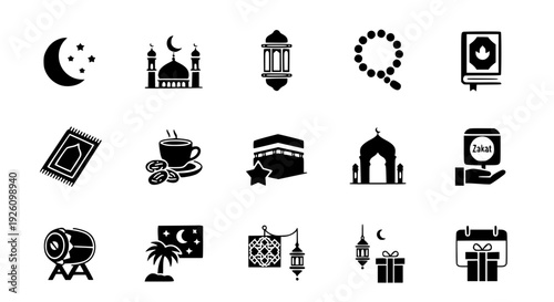 Essential vector collection of black silhouette icons depicting diverse Islamic cultural and religious symbols, perfect for themes of Ramadan, Eid, and spiritual observance
