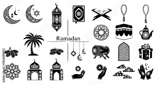 Diverse collection of elegant black and white Ramadan and Islamic symbols and icons, ideal for cultural design projects and spiritual themes
