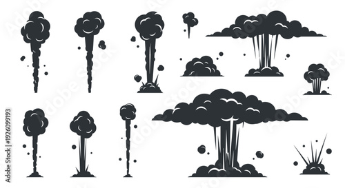 Collection of diverse black smoke and explosion effects including mushroom clouds and plumes isolated on a white