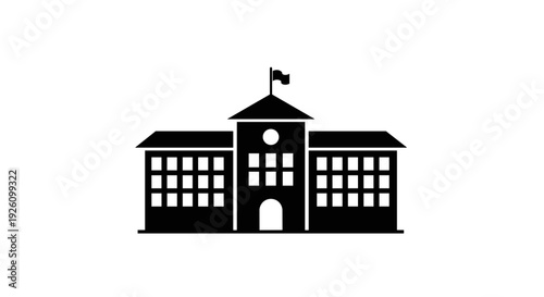 Classic educational institution building silhouette with flag on roof symbolizing knowledge learning and community