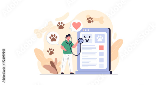 Veterinarian checking pet medical records on tablet with stethoscope