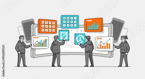 Team of business professionals analyzing data on interactive screens