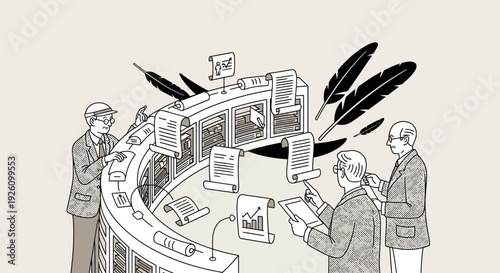 Business professionals analyzing data and documents in modern office setting
