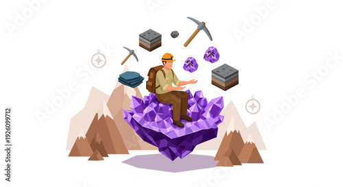 Miner discovering precious gems and minerals in mountainous terrain
