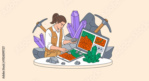 Geologist analyzing mineral deposits on digital map with pickaxes