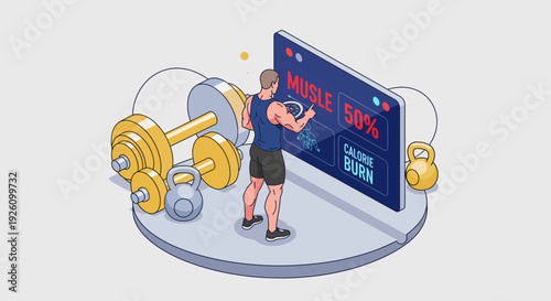 Man working out with dumbbells and kettlebell next to mobile phone