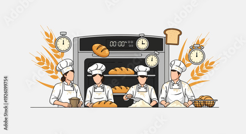 Bakers working efficiently in a modern bakery kitchen with oven