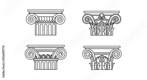 Set of four distinct classical architectural column capitals detailed line art illustrations of ionic and corinthian