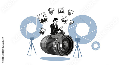 Creative photographer sitting on giant camera lens with floating photos
