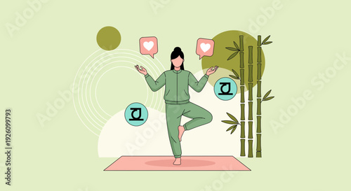 Woman practicing yoga in serene environment with social media likes