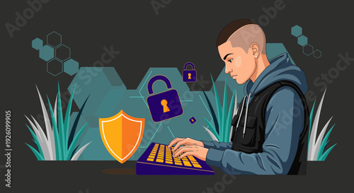 Young hacker working on secure computer system with shield and lock icons