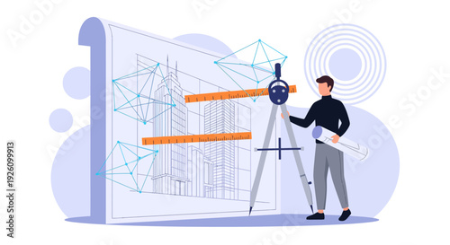 Architect using theodolite for precise building survey and design