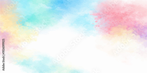 An abstract colorful watercolor background captures the beauty of a bright sunny day with white clouds and sunlight drifting through a clear blue summer sky