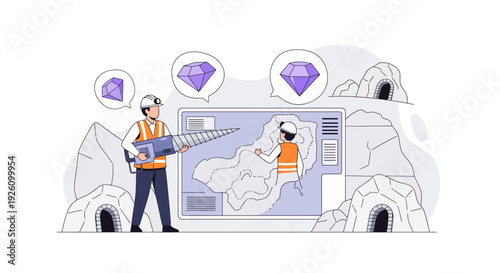 Two engineers planning mining operation with map and laptop outdoors