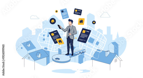 Businessman using smartphone with real estate documents and maps around him