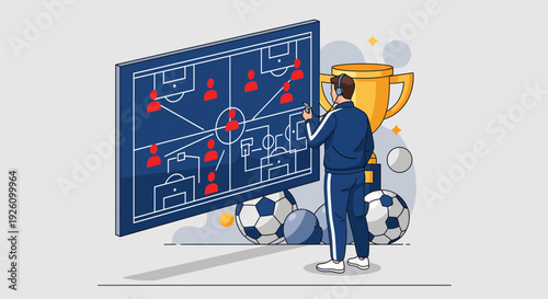 Soccer coach planning strategy on large tactical board with trophies