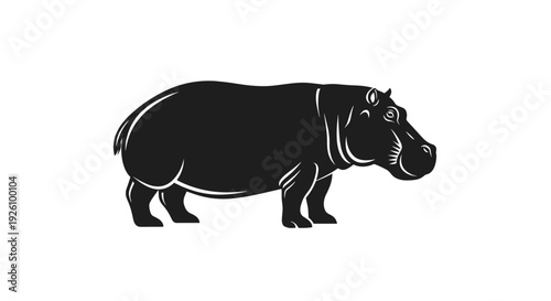 Silhouette of a powerful hippopotamus standing profile isolated on a clean white background showcasing its massive body