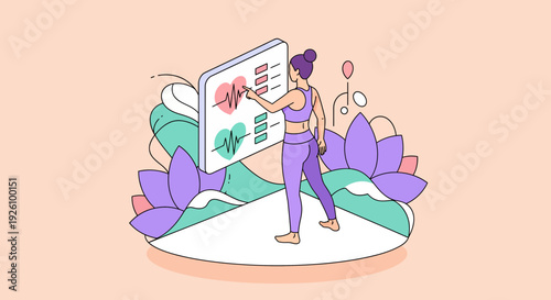 Woman in purple workout clothes interacting with large screen displaying heart rate and health metrics