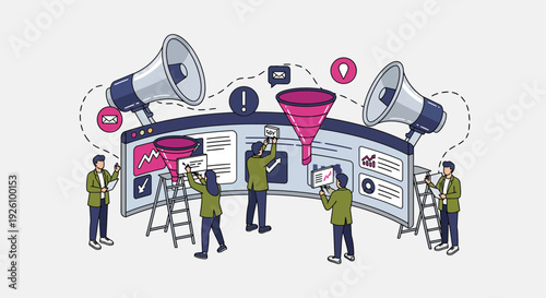 Team of people optimizing marketing strategy with megaphones and analytics
