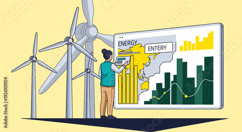 Person analyzing renewable energy data on large screen display next to wind turbines
