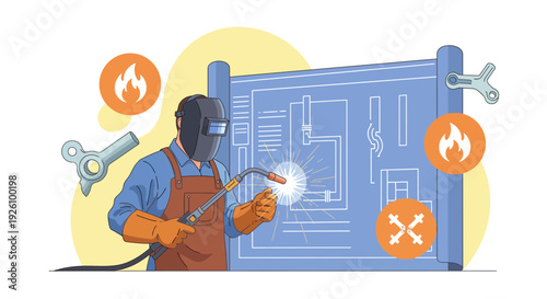 Professional welder working on metal project with welding torch and blueprint