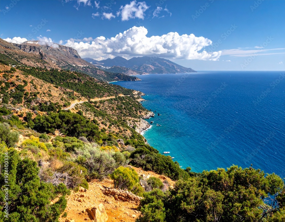 Fototapeta premium Stunning coastal landscape featuring vibrant blue ocean, lush greenery, and majestic mountains under a bright sunny sky.