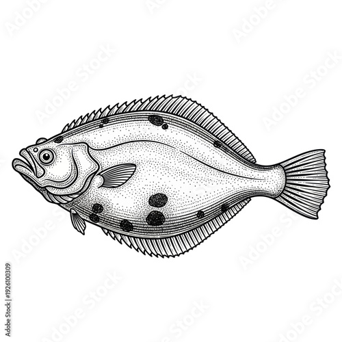 Flounder fish illustration, black and white, detailed drawing, isolated on white background