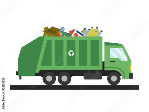 green garbage recycling truck loaded various types waste recyclables