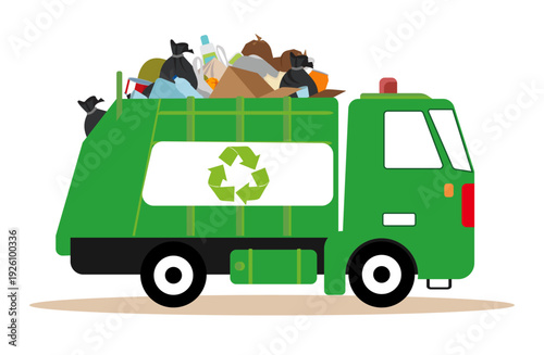 green garbage recycling truck loaded various types waste recyclables