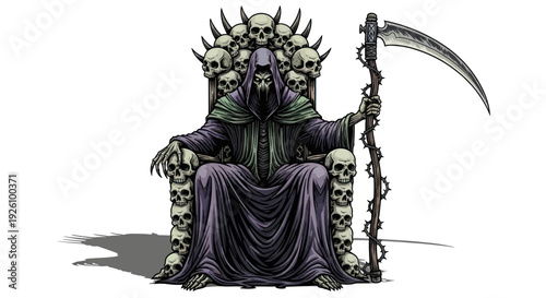 Grim Reaper Sitting on Skull Throne Holding Scythe, Death Personified